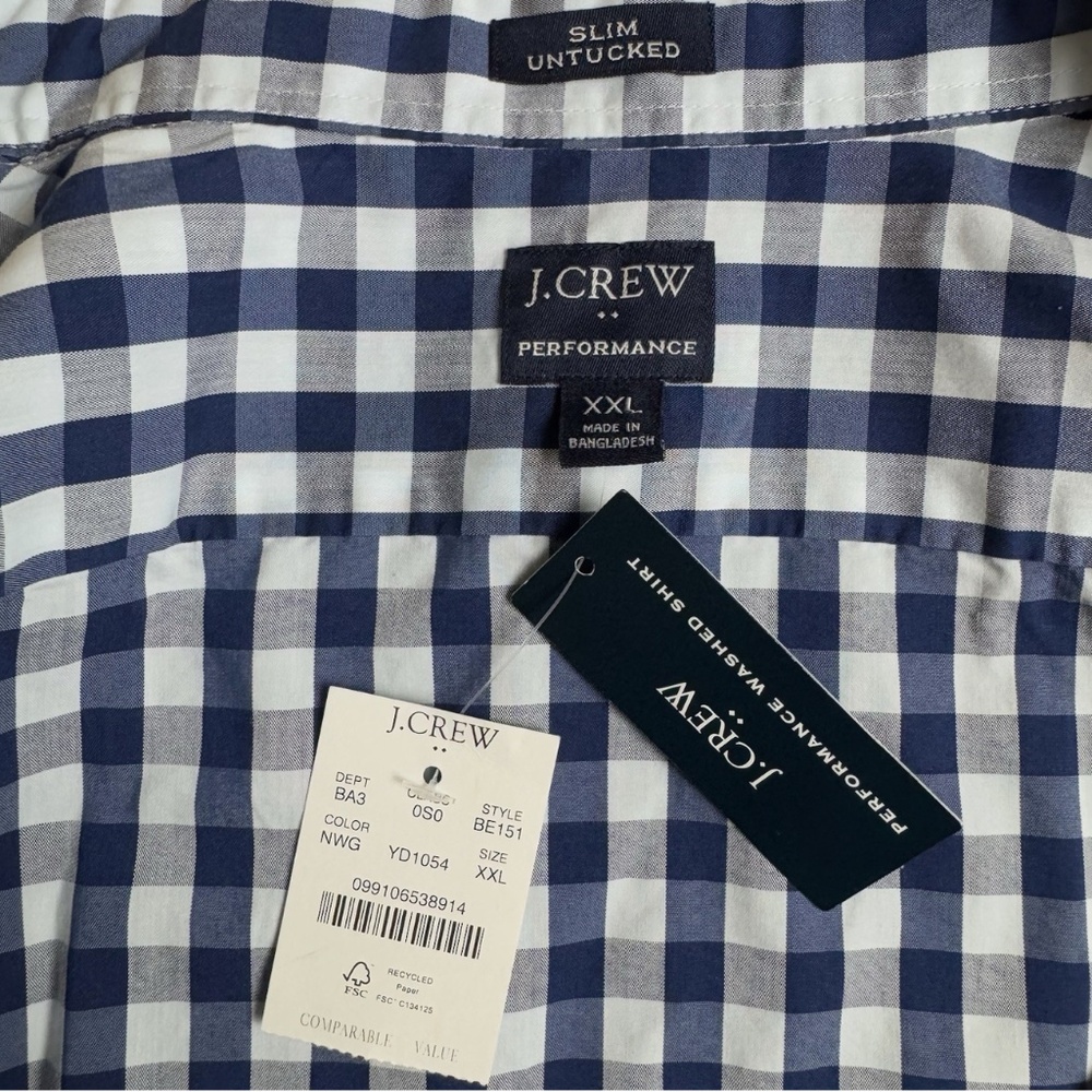 NWT J Crew Performance Shirt Men's XXL 2XL Blue Gingham Slim Untucked Preppy - Picture 4 of 8